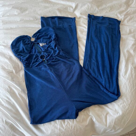 Princess Polly Blue Shimmer Strapless Jumpsuit Size 4 Cutout Stretch Party - Picture 1 of 5